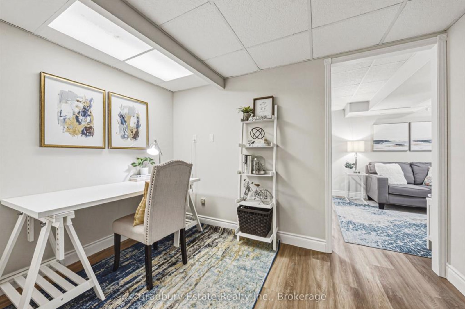Basement nook after, a desk and shelves
