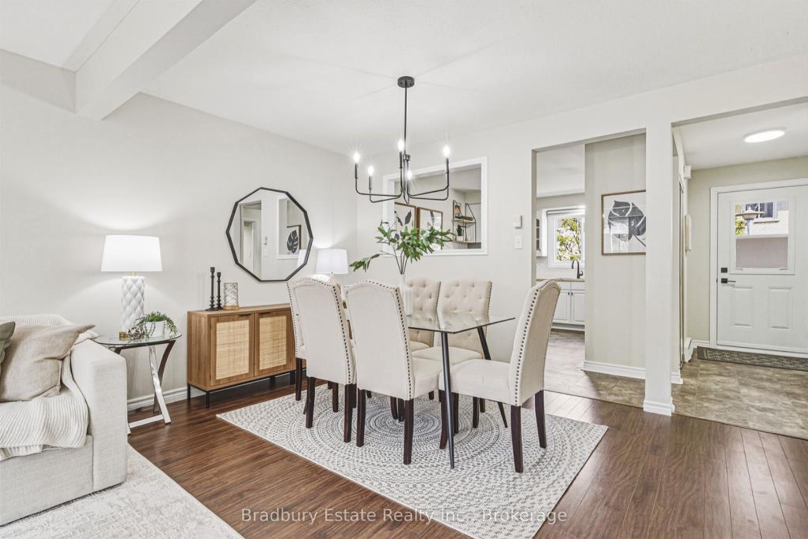 Dining room after, a table for six under the chandelier